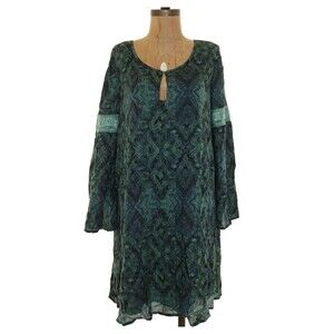 Sun + Shadow Shift Dress Size M Bell Sleeve Open Back Green Multi EUC B86